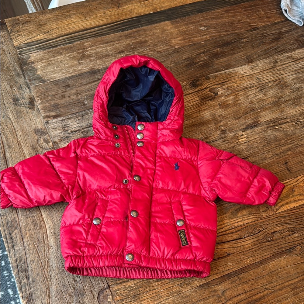 Ralph Lauren Red and Blue Puffer Jacket with Glossy Finish